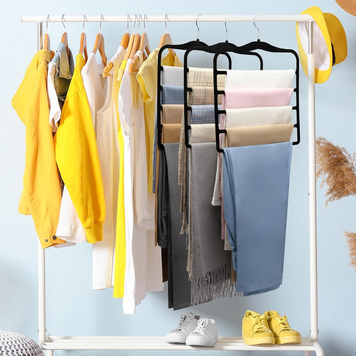 3-Pack Space-Saving Velvet Pant Hanger for Focused Dorm Room Organization, 5-Tier Cascade Design