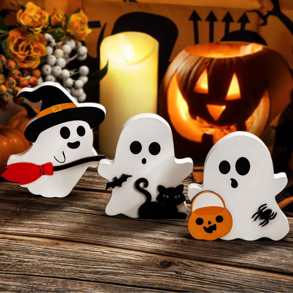 3-piece wooden figurine set covering multiple halloween motifs in one purchase