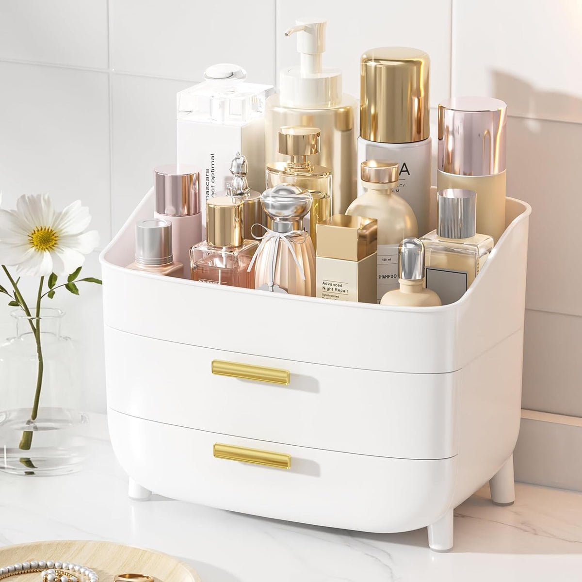 3-tier design with open top shelf plus two pull-out drawers