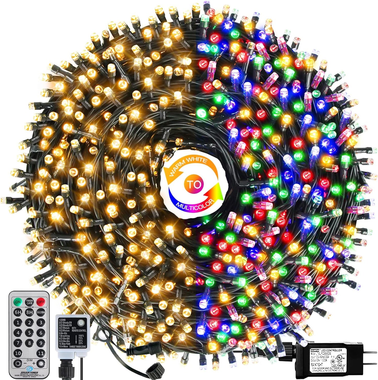 300 leds spanning 108 feet (99ft lit + 9ft extension)