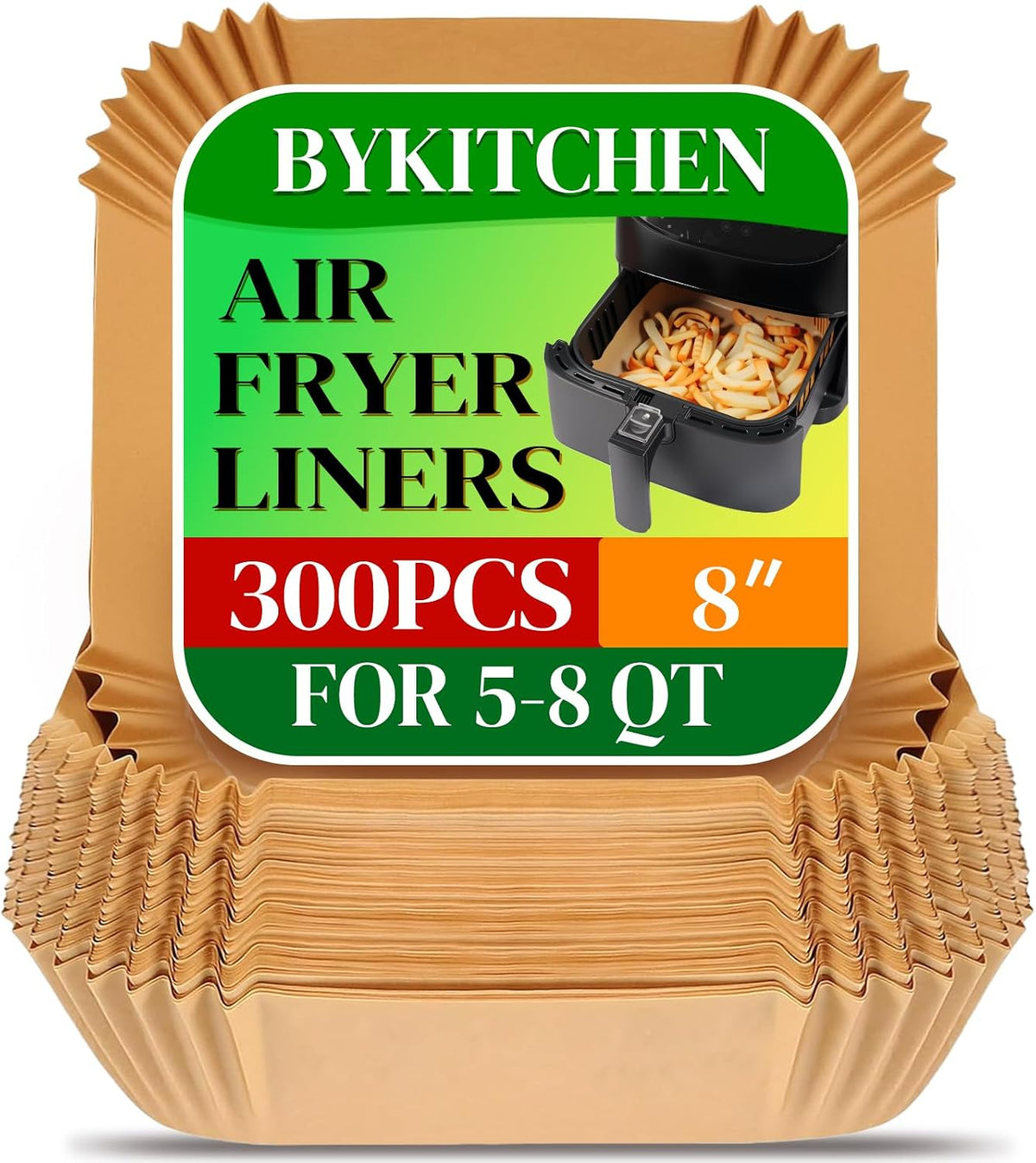 300-piece bulk pack with 8-inch square pre-cut sheets for 5-8 qt air fryers (line also includes 5.5", 6.3", and 10" sizes for 1-12 qt baskets)