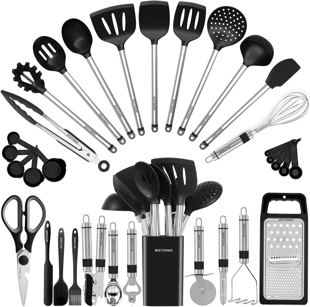 33-piece comprehensive utensil set including spatulas, spoons, tongs, whisk, ladle, grater, peeler, pizza cutter, can opener, scissors, measuring cups and spoons, and holder
