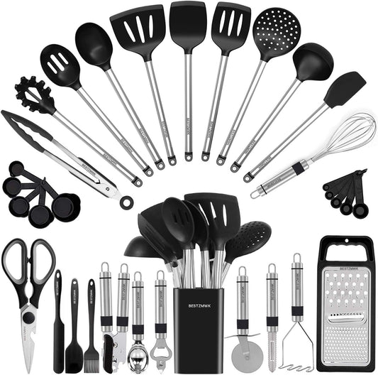 33-piece comprehensive utensil set including spatulas, spoons, tongs, whisk, ladle, grater, peeler, pizza cutter, can opener, scissors, measuring cups and spoons, and holder