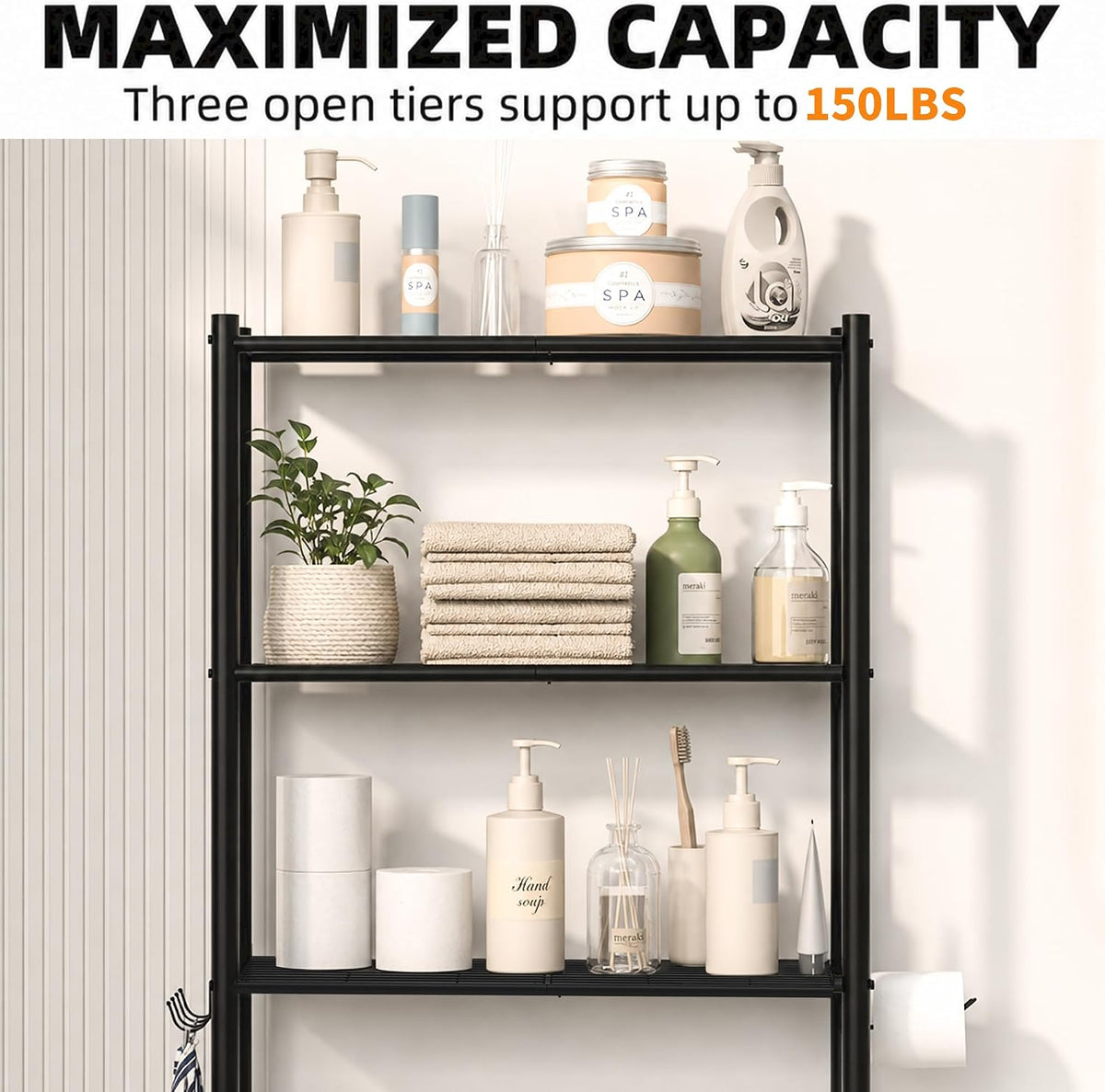 38-39 inch ground-to-bottom-shelf clearance for standard toilet fit