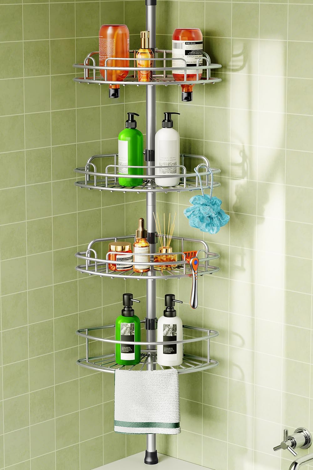 4-tier tension-pole corner shelves with clip-buckle height adjustment