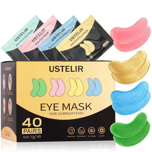 40 pairs total split across 4 formulas (10 pairs each of 24k gold, rose, aloe vera, hyaluronic acid)