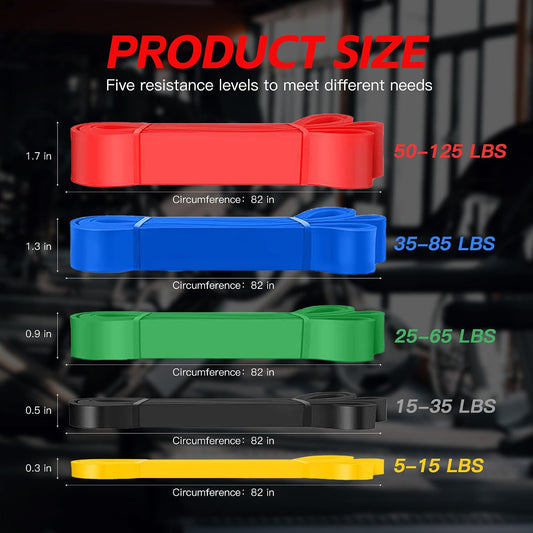 5-band stackable set covering 5–125 lbs of progressive tension