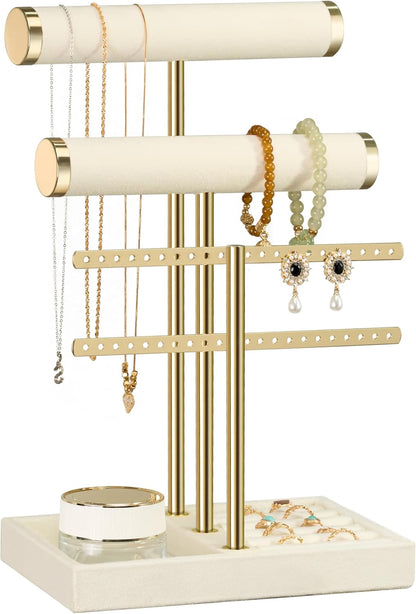 5 functional layers: 2 velvet rods, 1 metal t-bar, 1 ring tray, and 1 catch compartment
