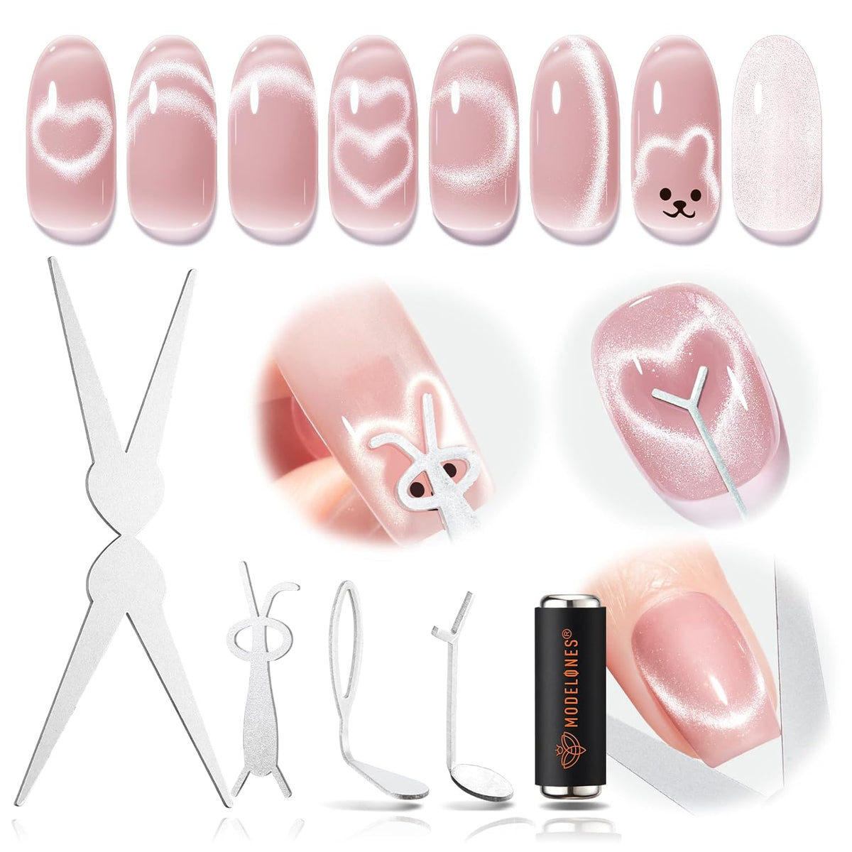 5-piece set including scissor-shaped magnet, 2-in-1 round/cylindrical magnet, heart tool, bunny-shaped tool, and black hole magnet