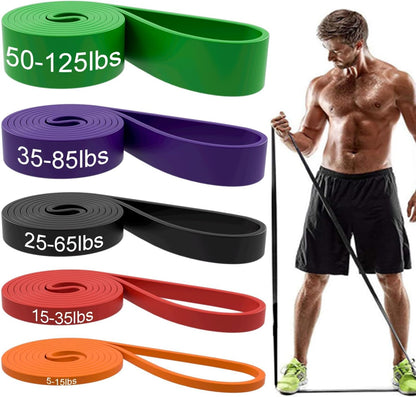 5 resistance levels covering 5-125 lbs (5-15, 15-35, 25-65, 35-85, 50-125 lbs)
