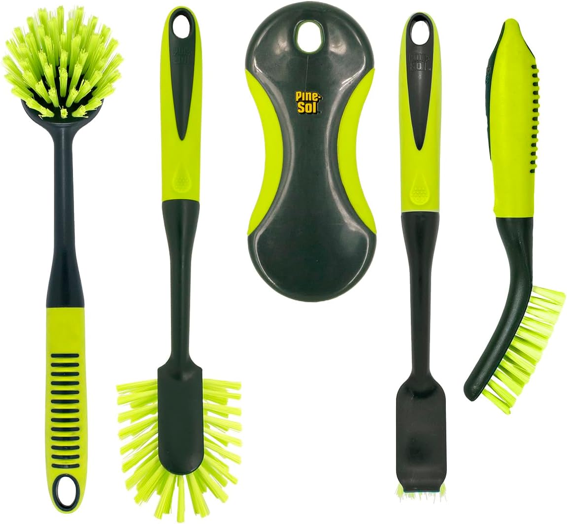 5 specialized brush heads: round head with scraper edge, dish brush, floor scrub brush, square head with scraper edge, and edge brush