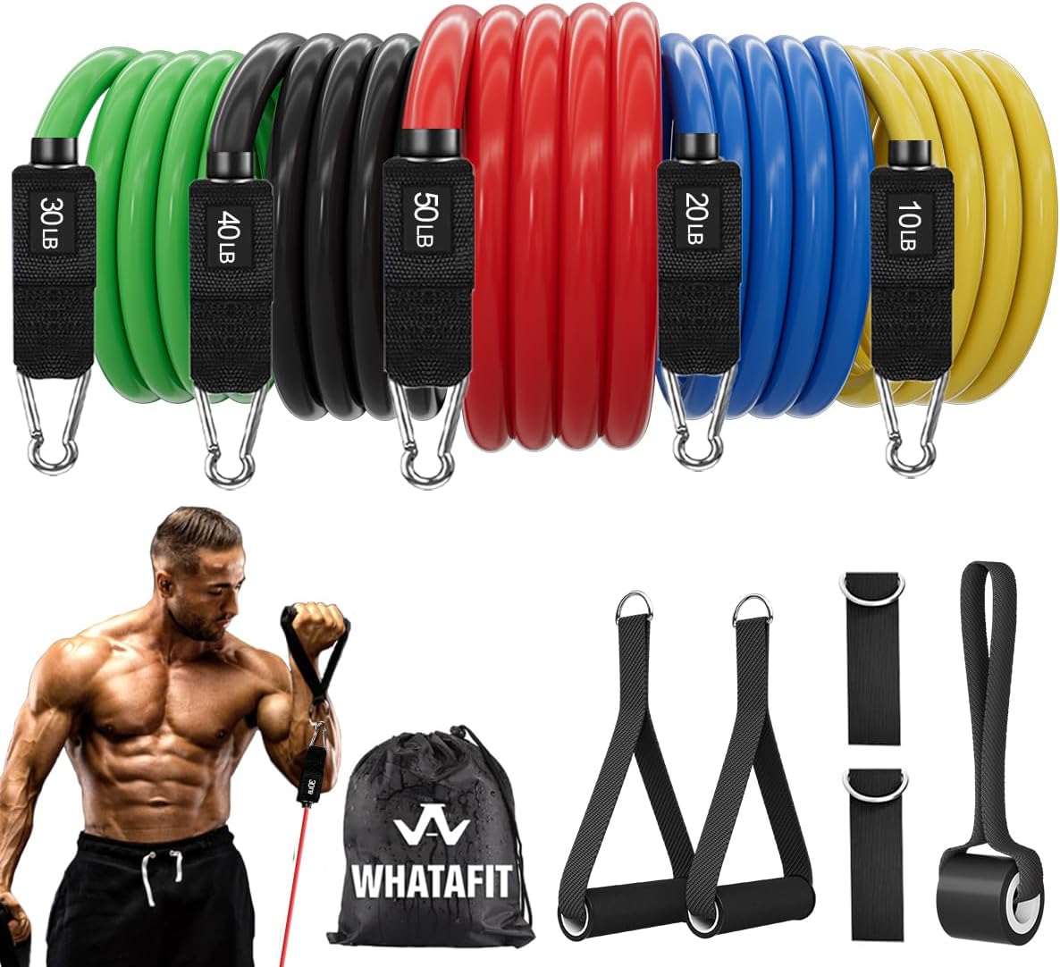 5 stackable tube bands offering 10, 20, 30, 40, and 50 lb resistance (up to 150 lb combined)