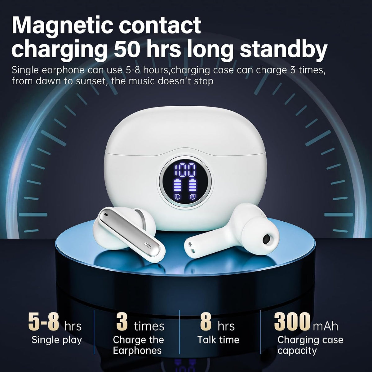 50-hour total playback with 8 hours per charge and 1.5-hour type-c fast charging