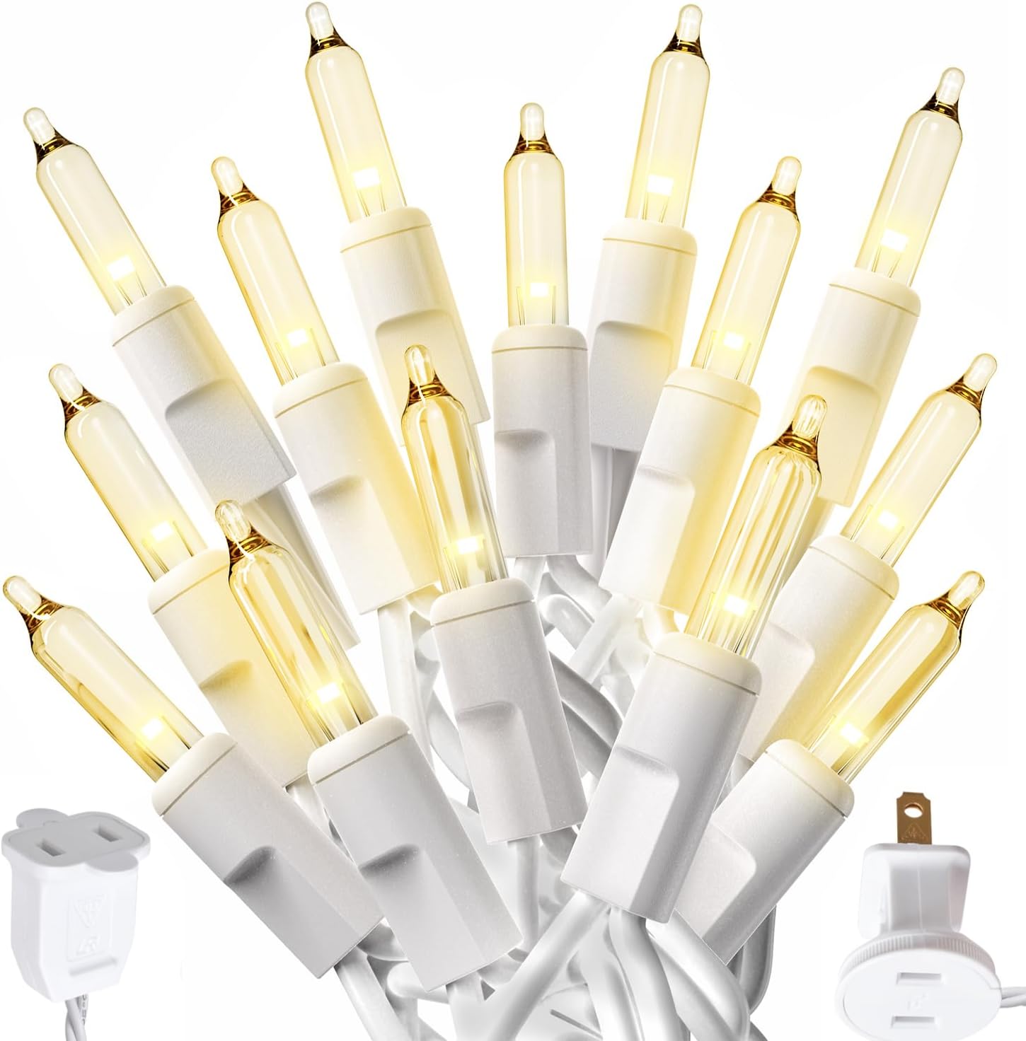 50 incandescent warm white bulbs spaced 2 inches apart on a 10 ft white wire