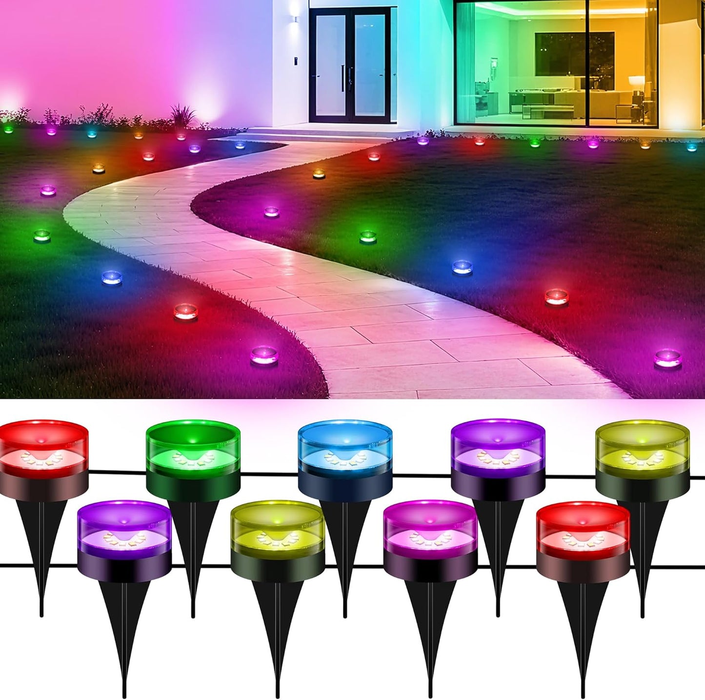 50ft string with 15 rgbic led pathway lights and included ground stakes