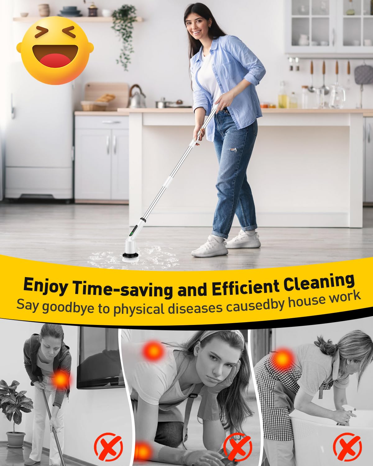 53-inch adjustable extension pole (12 to 53 inches) for full-reach cleaning from floor to ceiling