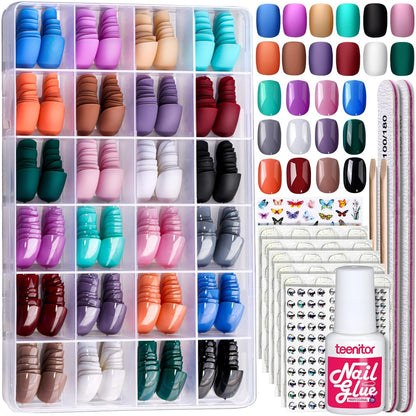 576 pre-painted press-on nails across 24 packs in 12 matte and 12 glossy colors
