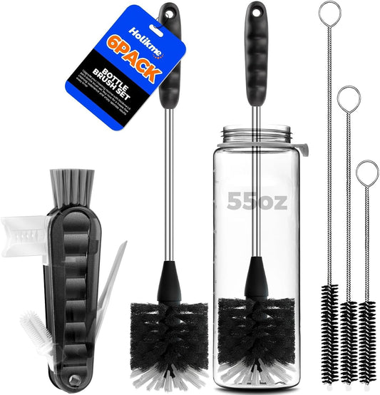 6-piece set: 2 long-handle bottle brushes, 3 straw brushes (7.9", 9.8", 11.8"), and 1 multifunctional brush with rim, corner, and nipple heads