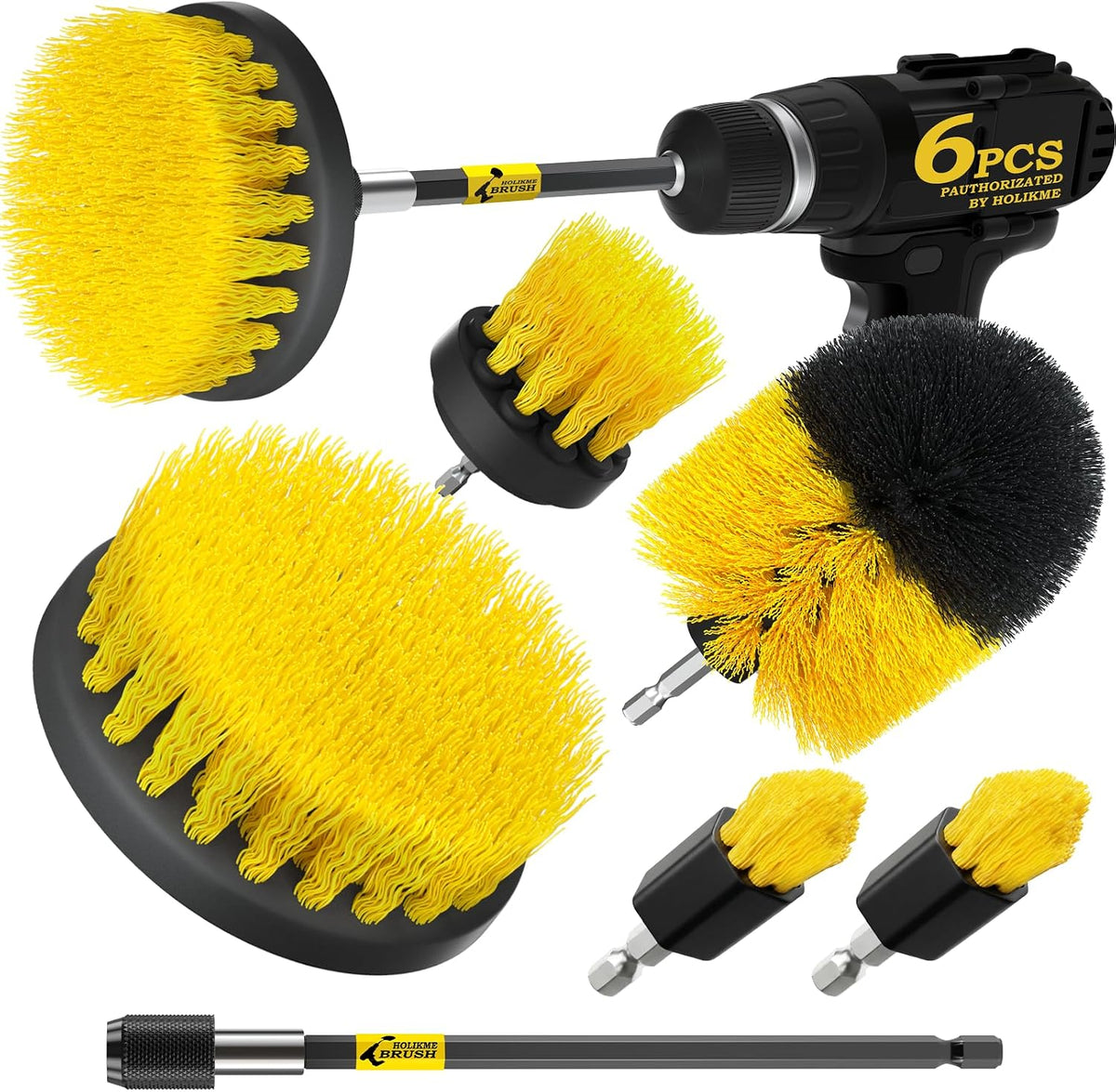 6-piece set: 5 drill-powered nylon brushes in varied sizes plus 1 extension rod