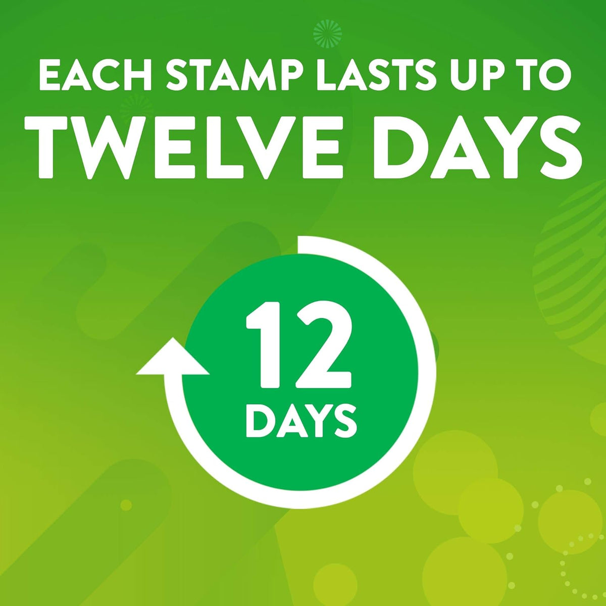 6-stamp gel dispenser providing up to 12 days of action per stamp (72 days total per 1-pack, 144 days per 2-pack)