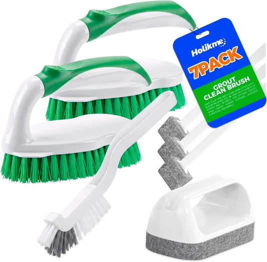 7-piece set: 2 scrub brushes, 1 tile lines brush, 3 groove gap brushes, 1 scouring pad brush