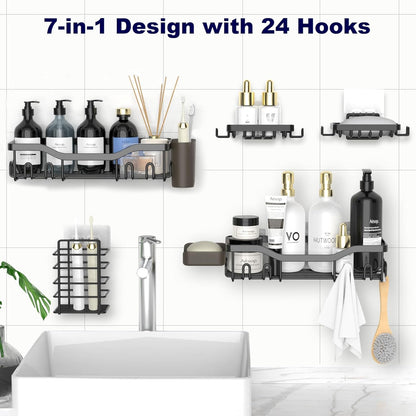 7-piece set includes 2 shower caddies, 1 toothbrush holder, 2 soap holders, 2 plastic accessory holders, and 5 adhesive pads (8-piece adds extra components)