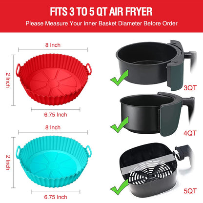 8-inch top diameter / 6.75-inch bottom diameter sized for 3-5 qt air fryer baskets, with an upsized variant for 5 qt and larger units