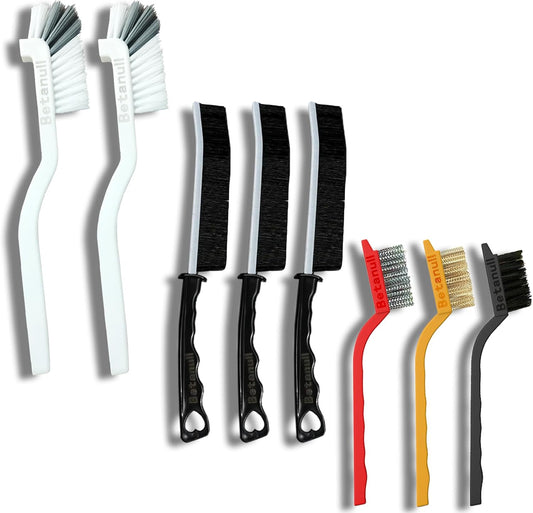 8-piece set with 3 crevice brushes, 2 right-angle scrub brushes, and 3 wire brushes (brass, steel, nylon)