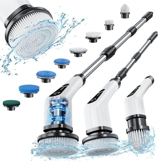8 replaceable brush heads (flat, corner, cloth, sponge, and polishing variants)