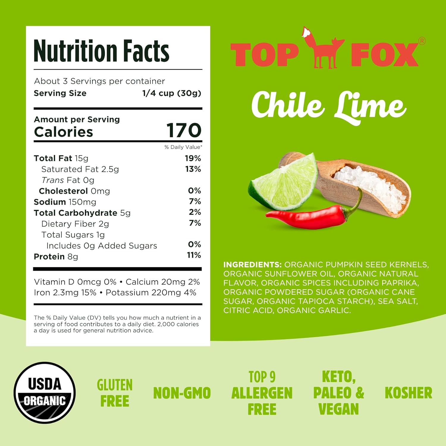 8g plant protein, 3g net carbs, 1g sugar per serving for keto/paleo/vegan compliance