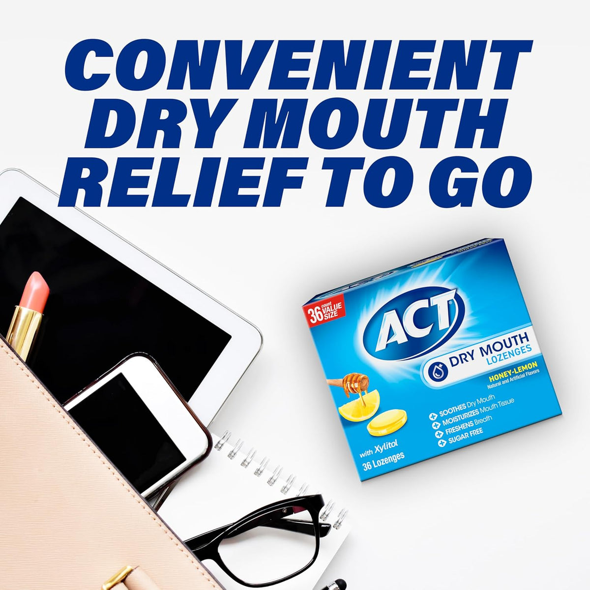 ACT Dry Mouth Lozenges With Xylitol, 36-Count, Sugar Free Honey-Lemon – Mindful Dry Mouth Relief for Wellness Routines