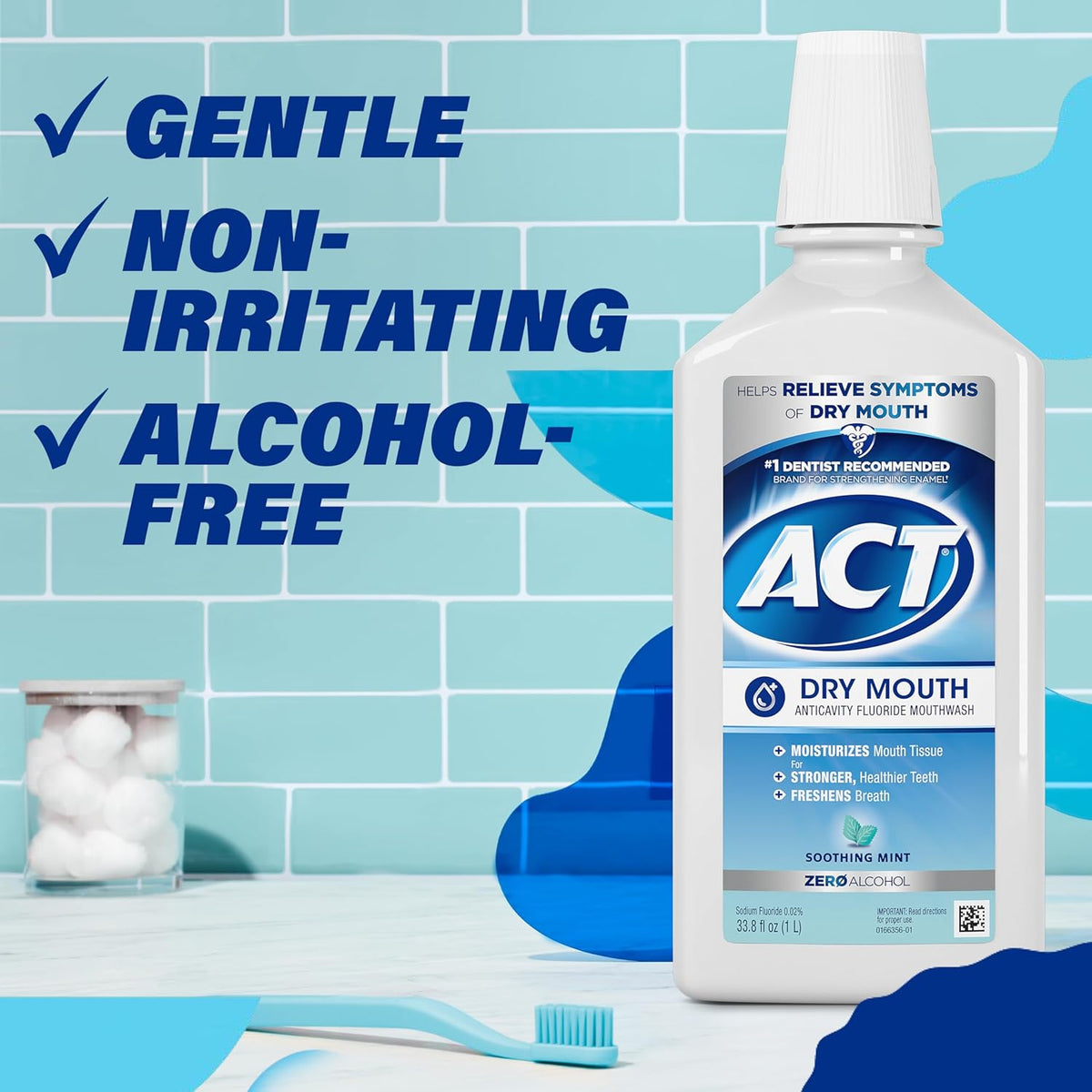 ACT Dry Mouth Mouthwash – Mindful Morning and Bedtime Hydration Ritual for Sensitive Mouths, Soothing Mint, 33.8 fl. oz.