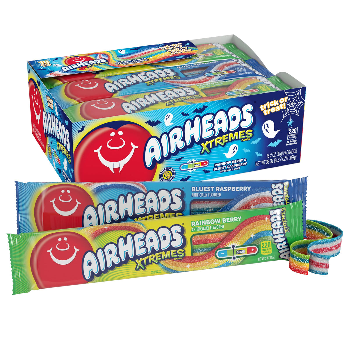 Airheads Xtremes Belts, Halloween Trick or Treat Pack, Rainbow Berry and Bluest Raspberry Flavors, Assorted Multipack, 2oz (Pack of 18)
