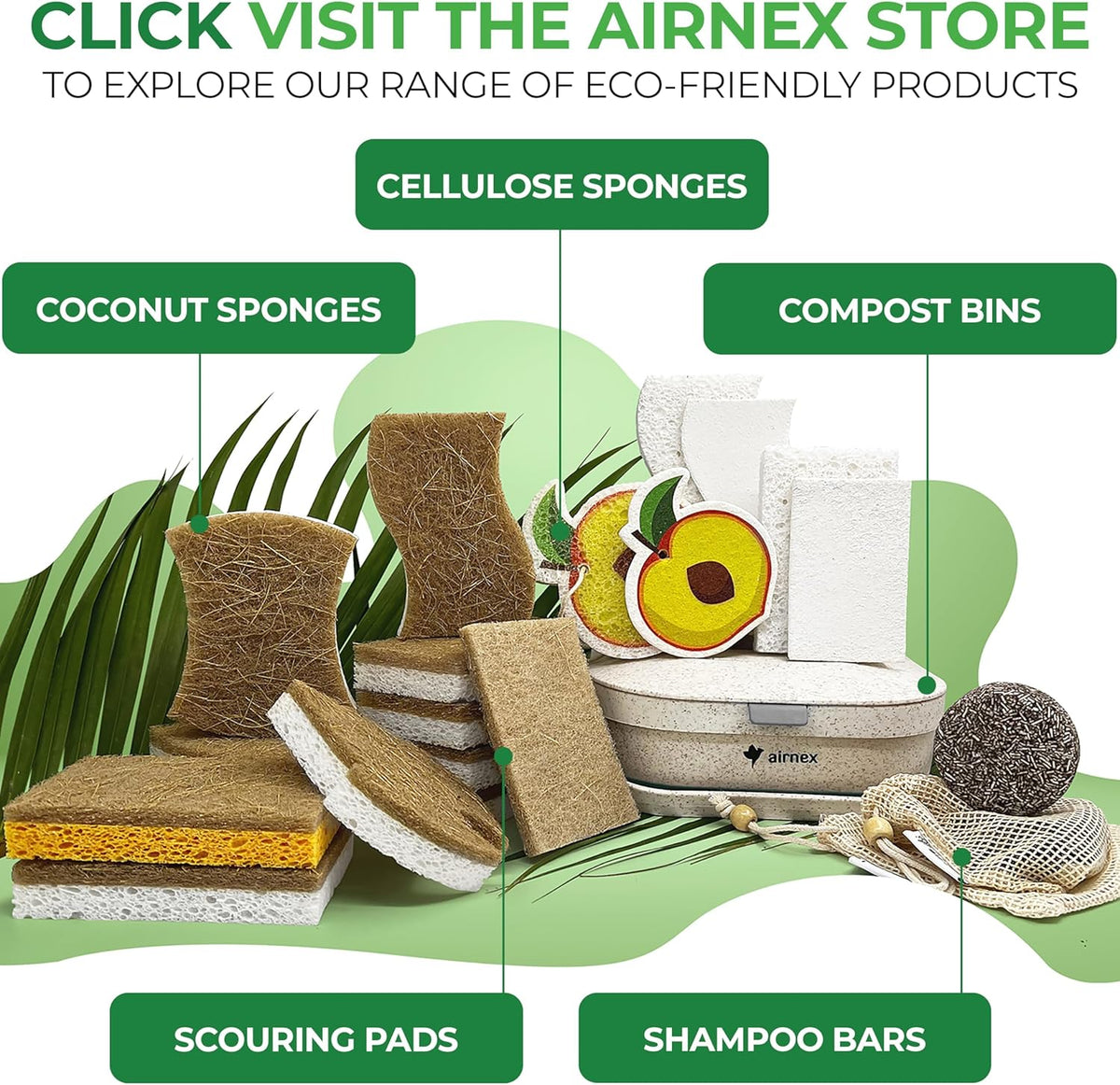 AIRNEX Plant-Based Kitchen Sponge for Homes with Kids, Biodegradable Non-Scratch Dish Cleaner