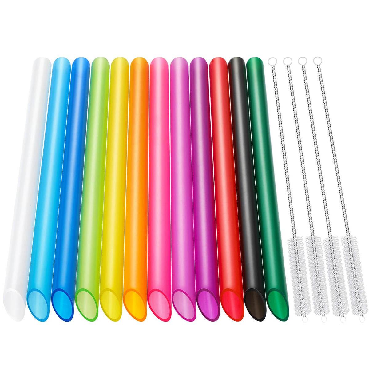 Angled Tips, 12 Pcs Wide Reusable Bubble Tea Straws with 4 Brushes - Multi Colors Jumbo Smoothie Straws, BPA FREE Plastic Straw for Bubble Tea (Tapioca, Pearls), Milkshakes