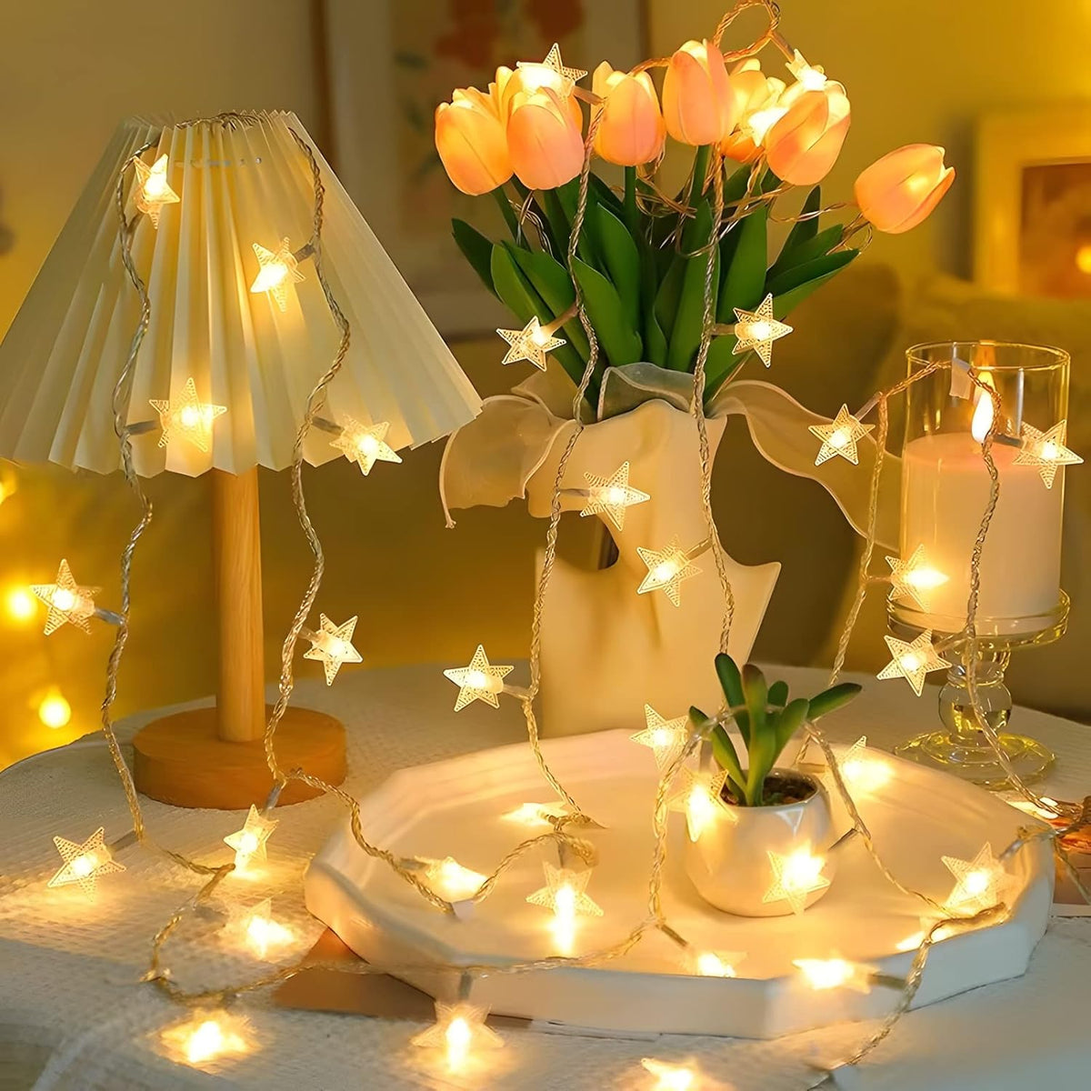 ANJAYLIA Star-Shaped String Lights – Evening Patio String Lighting, Warm White Weather-Friendly