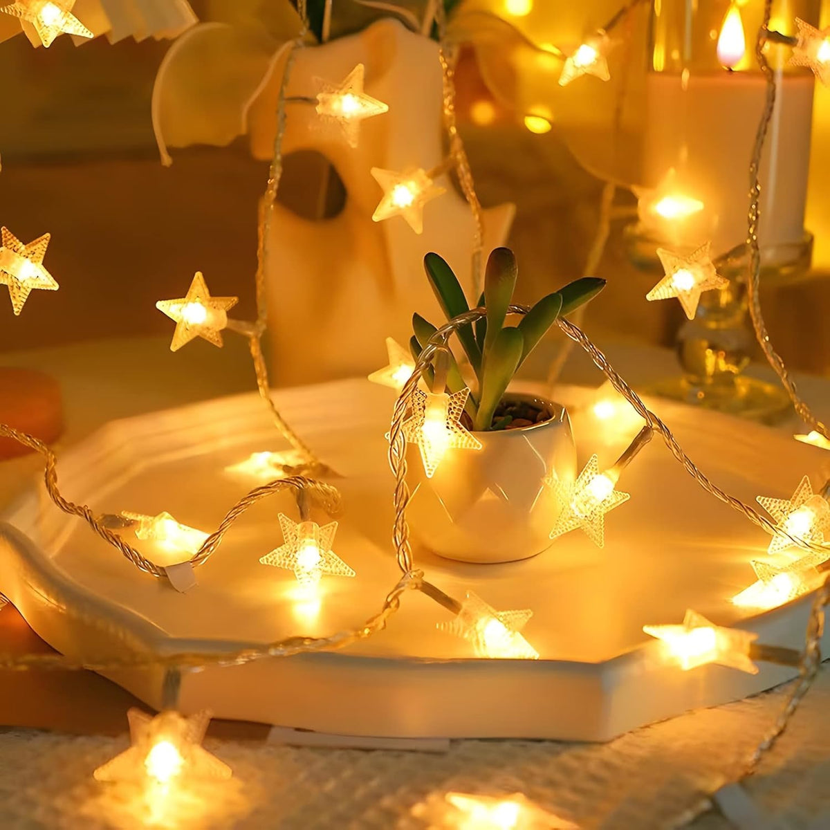 ANJAYLIA Star-Shaped String Lights – Evening Patio String Lighting, Warm White Weather-Friendly