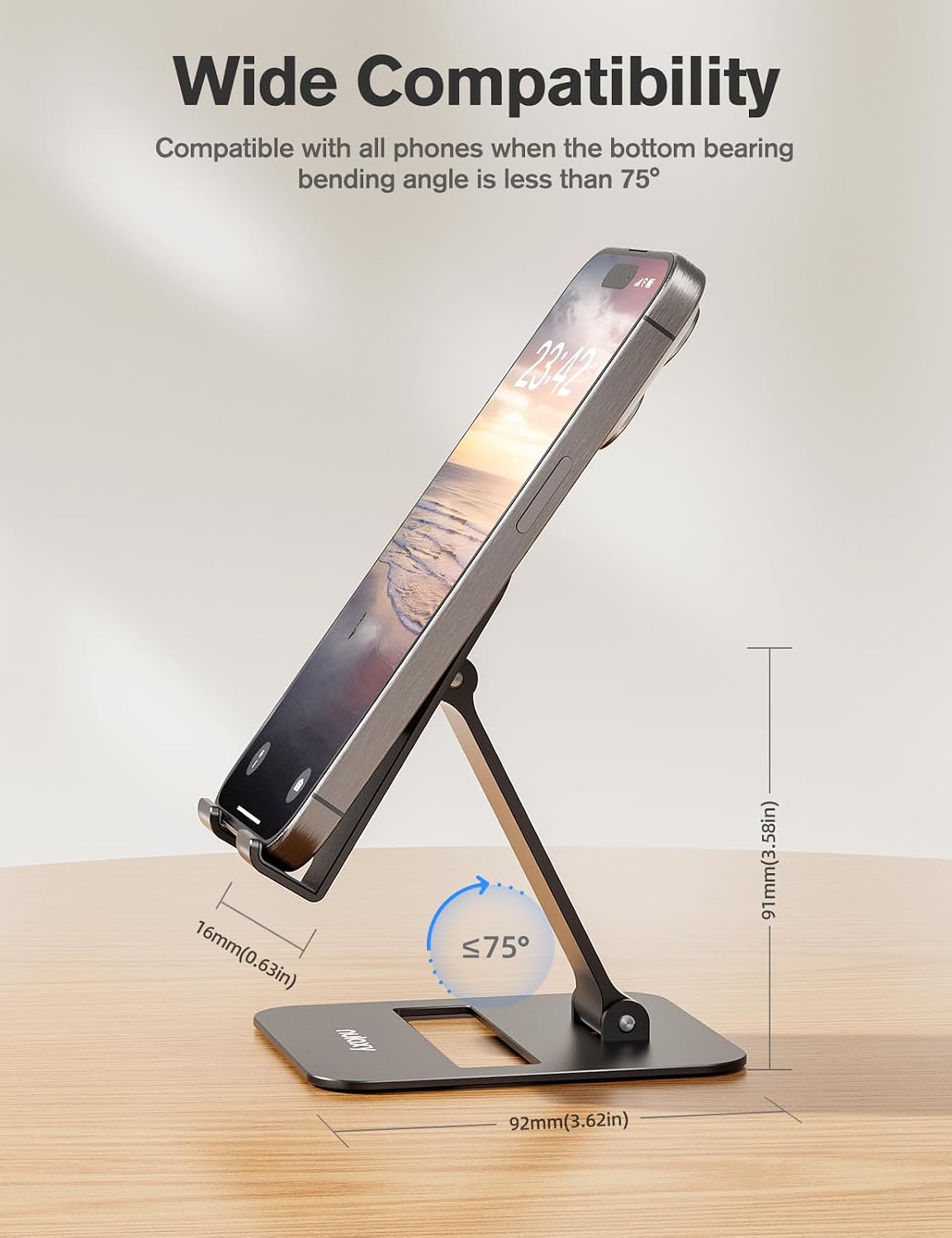 anti-slip base supporting 4-8 inch devices and 16mm cases