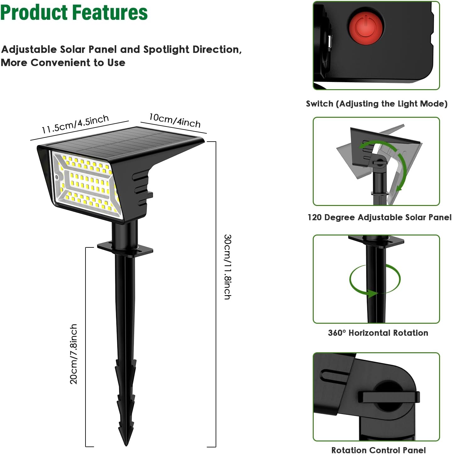 Aogek 60 LED Solar Spot Lights with Wall Mount Downlight Mode for Perimeter Security — Flameless, Cool White, 4 Pack