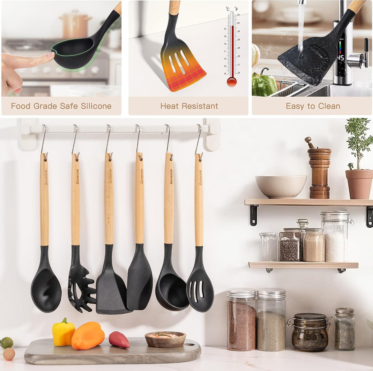 Astercook Complete Silicone Cooking Set with Wooden Handle — Warm Wooden Accents for a Cozy, Designer-Inspired Home Kitchen