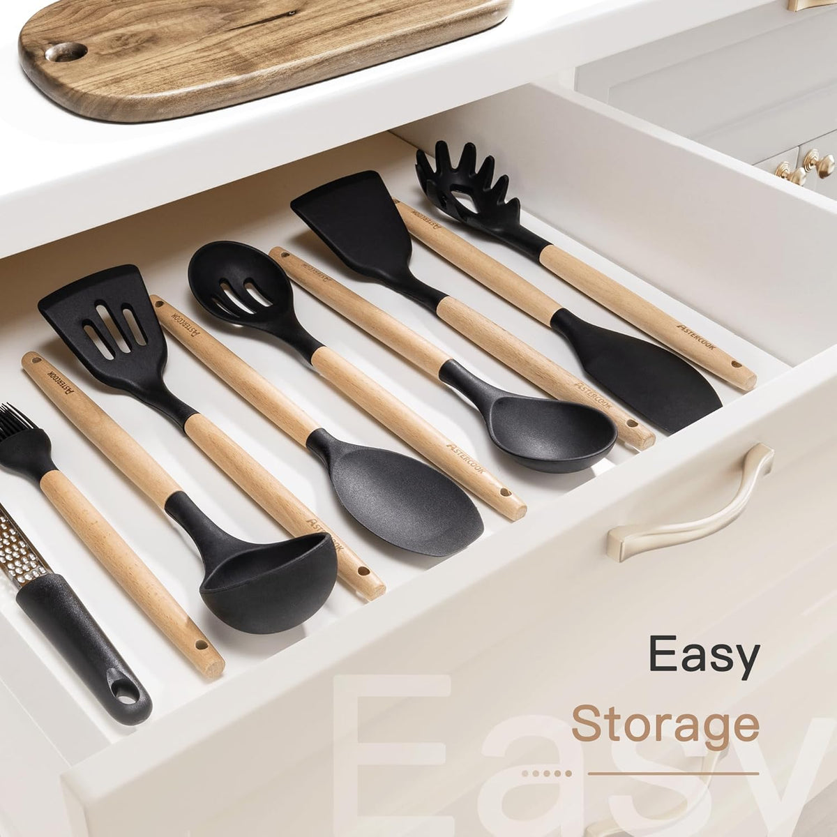 Astercook Complete Silicone Cooking Set with Wooden Handle — Warm Wooden Accents for a Cozy, Designer-Inspired Home Kitchen