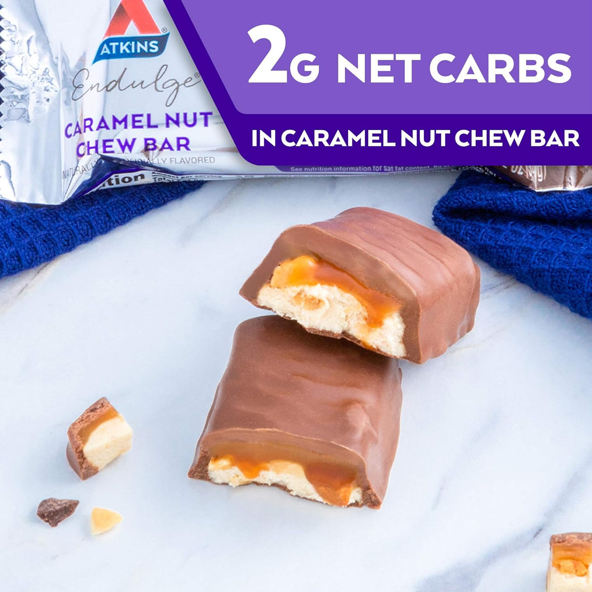 Atkins Endulge Caramel Nut Chew Bar – Family Pantry Dessert Bar for Parent-Approved Lunchboxes, 10 Count