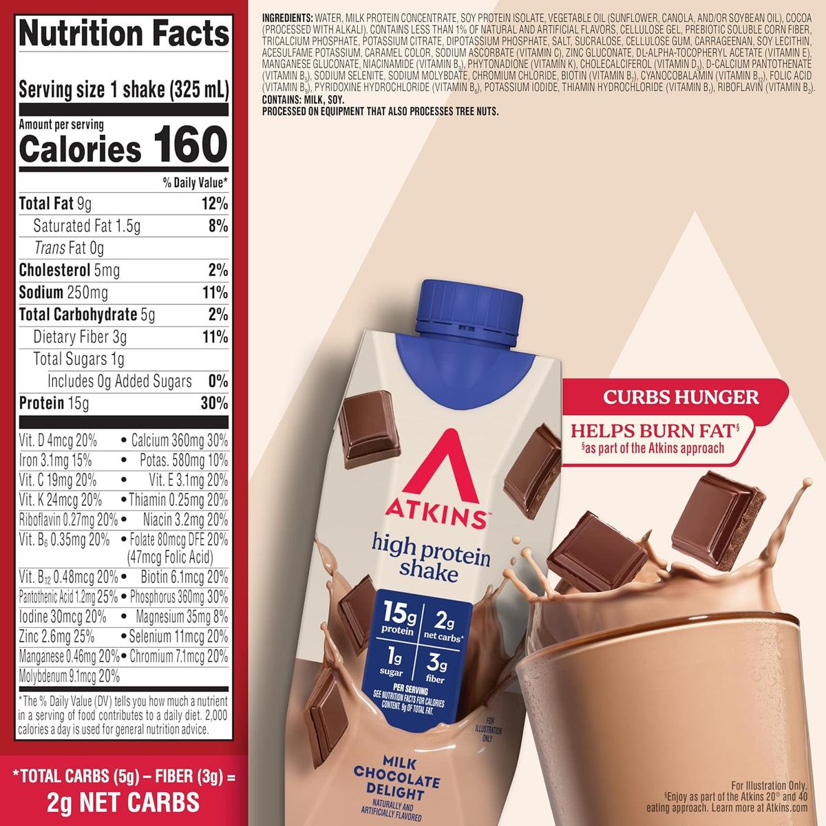 Atkins Milk Chocolate Delight Protein Shake – Camping and Hiking Meal Supplement for On-the-Go Nutrition, 2g Net Carbs
