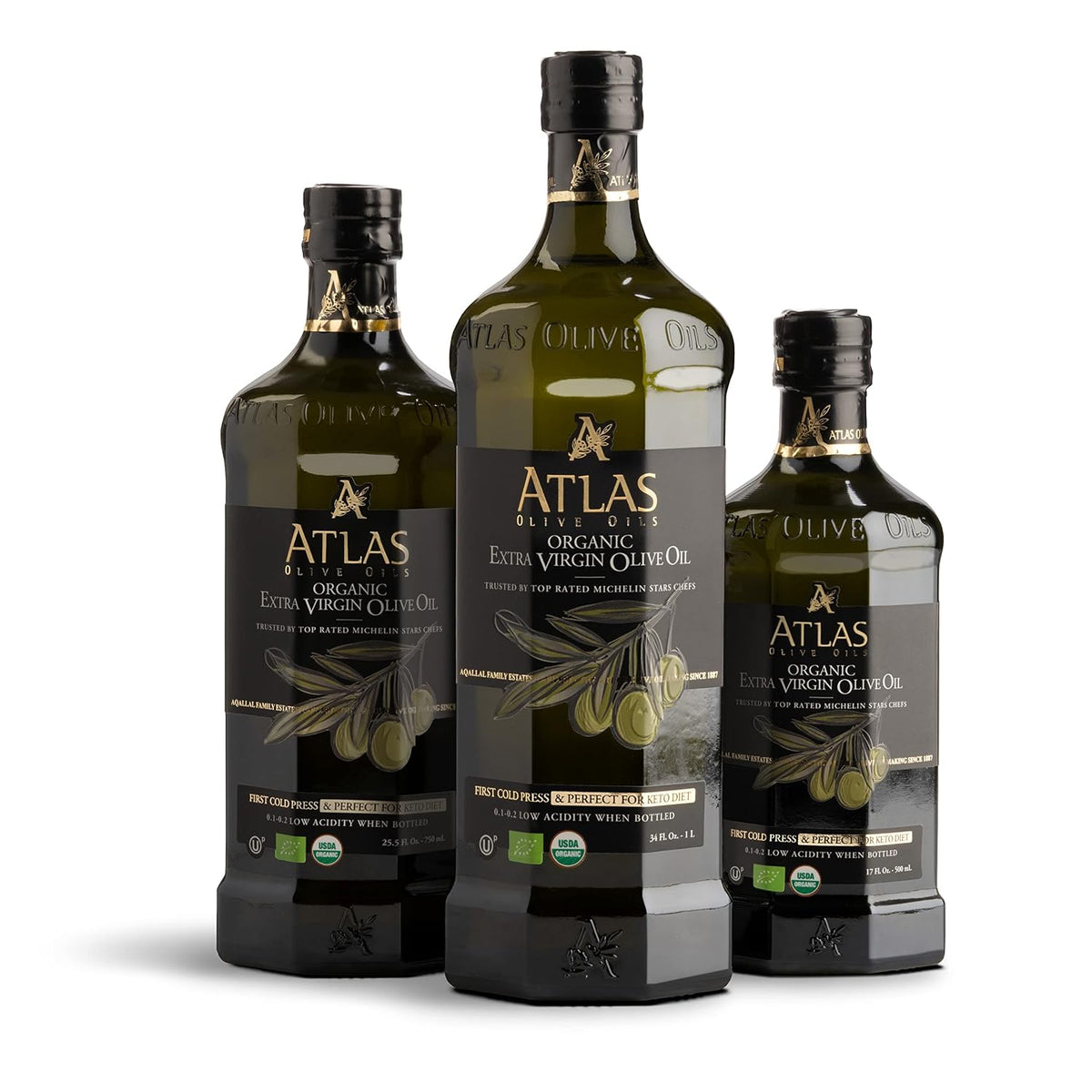 Atlas Organic Extra Virgin Olive Oil – Neutral-Toned Glass Bottle EVOO for Modern, Less-Is-More Home Cooking Spaces