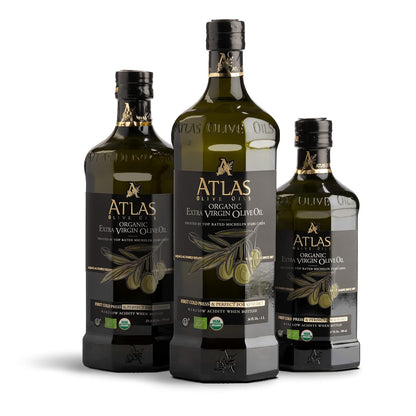Atlas Organic Extra Virgin Olive Oil – Neutral-Toned Glass Bottle EVOO for Modern, Less-Is-More Home Cooking Spaces