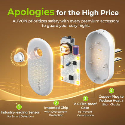 AUVON Smart LED Night Light 4 Pack – Touch Dim PIR Motion Light with V-0 Fireproof Casing for Hallway, Toilet and Whole Home Safety