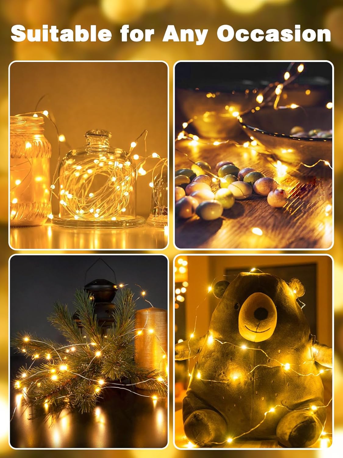 Avaspark Flexible Fairy Lights Silver Wire – Uncluttered DIY Lighting for Shelving, Plants, and Calm Living Spaces, 3-Pack