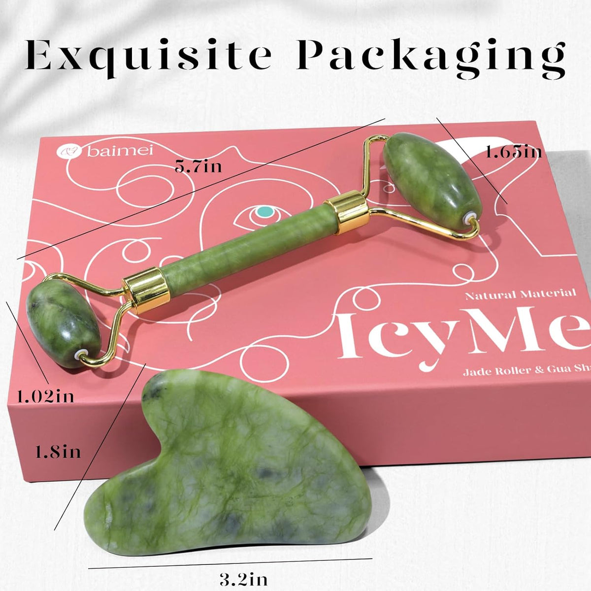 BAIMEI IcyMe Jade Roller and Gua Sha Set – Elevated Vanity Statement, High-End Self Care Gift Set