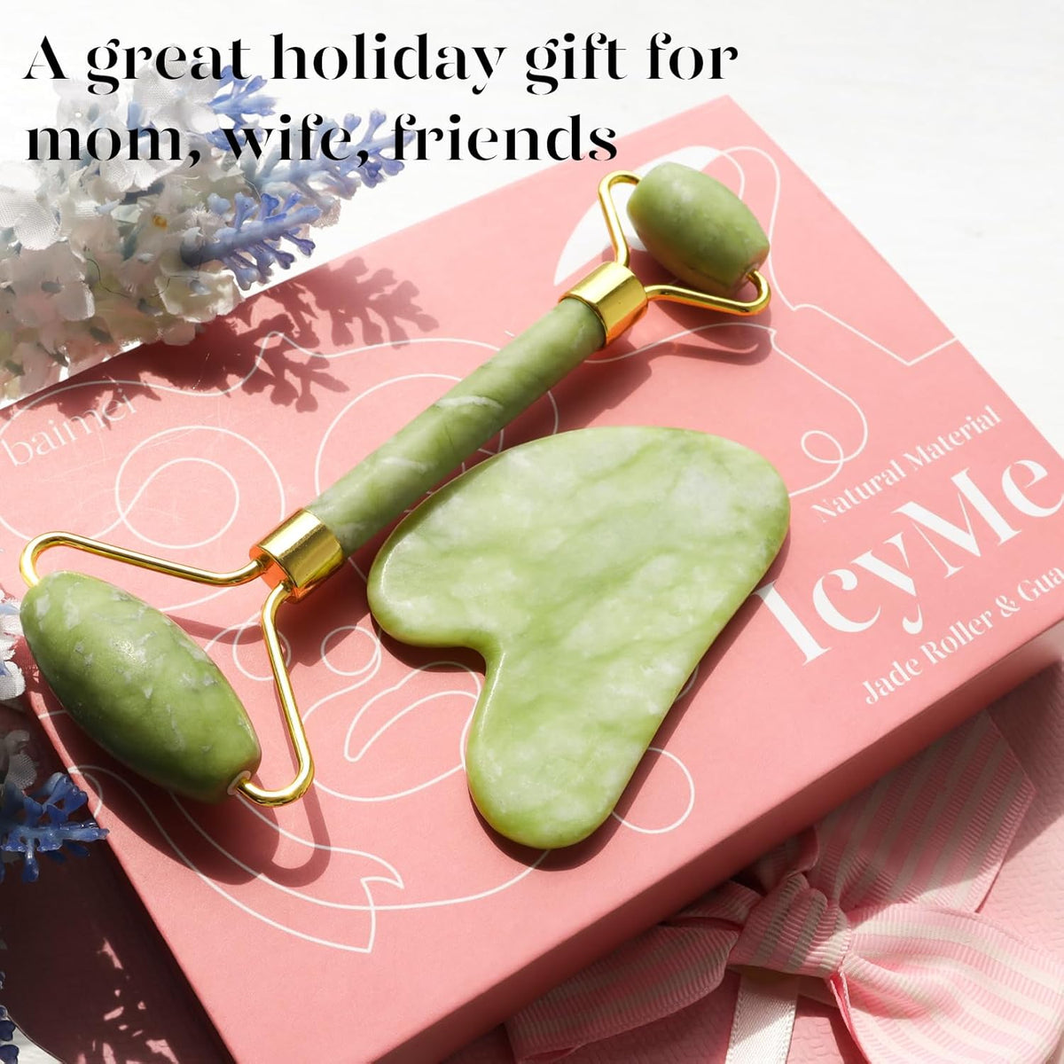 BAIMEI IcyMe Jade Roller and Gua Sha Set – Elevated Vanity Statement, High-End Self Care Gift Set