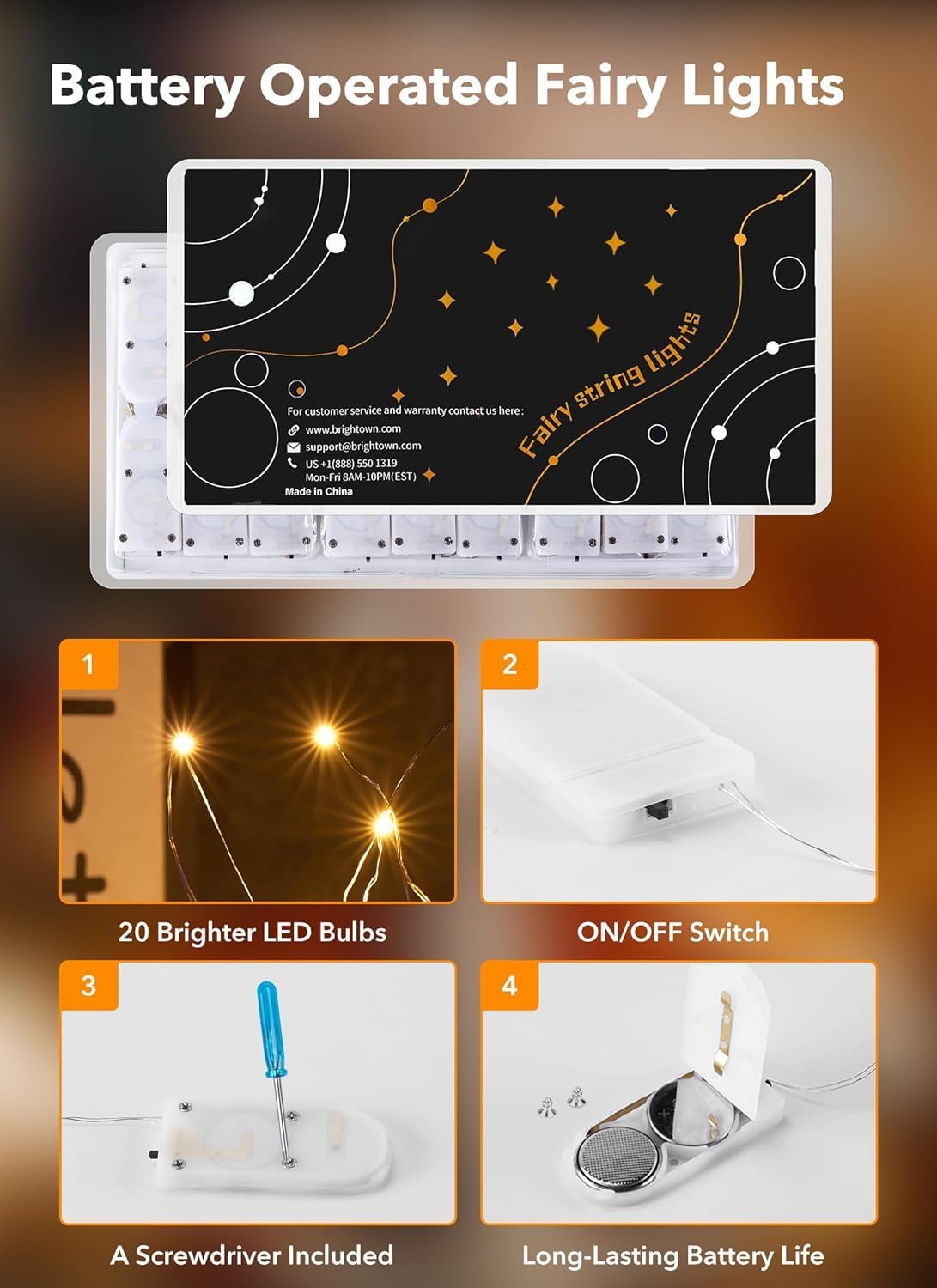 battery powered by 2 included cr2032 cells with 72+ hours of runtime
